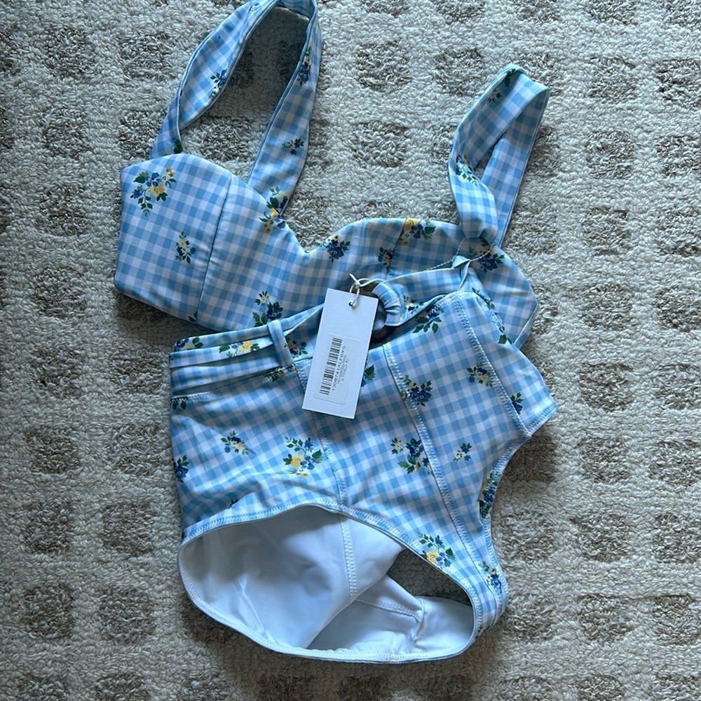 NWT Reformation Gingham Floral Durian Sweetheart Bikini Top bottoms set size xs